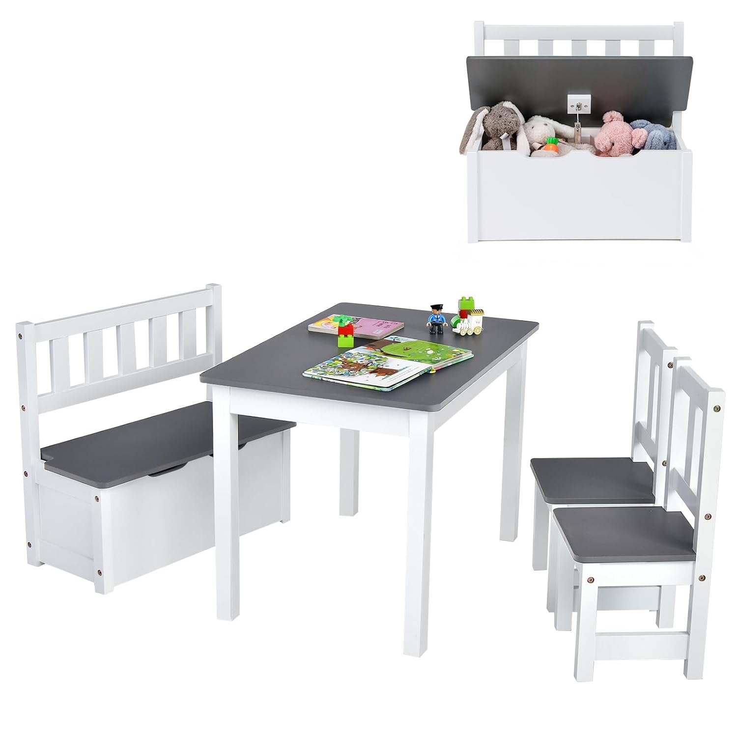 Art Craft Toddlers - Houten kindertafel- en stoelenset met opbergbank,