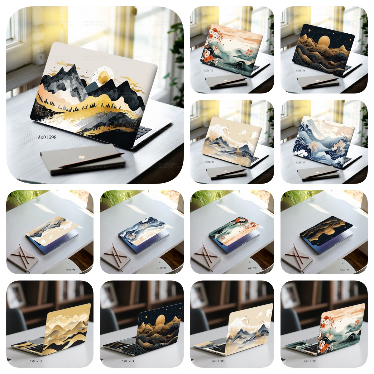 Art Craft Notebook - Minimalistische Mountain Wave laptopsticker Gouden textuurpatroon