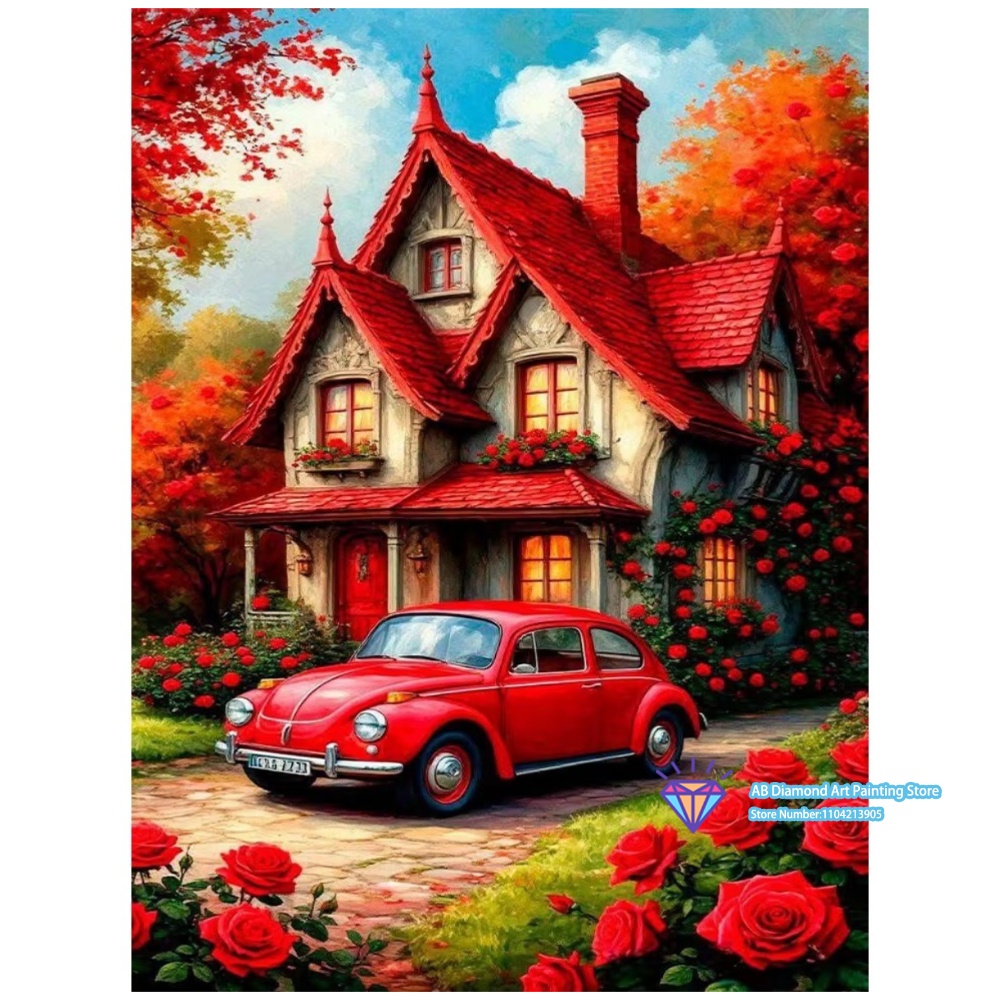 Art And Craft Autumn - Rode Huis Auto Roos Herfst Kunst